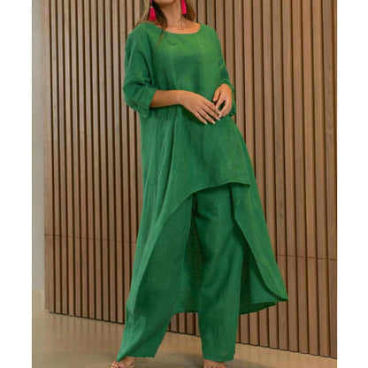 Asymmetrical elegant linen tunic set for women and Chic und Stil pants