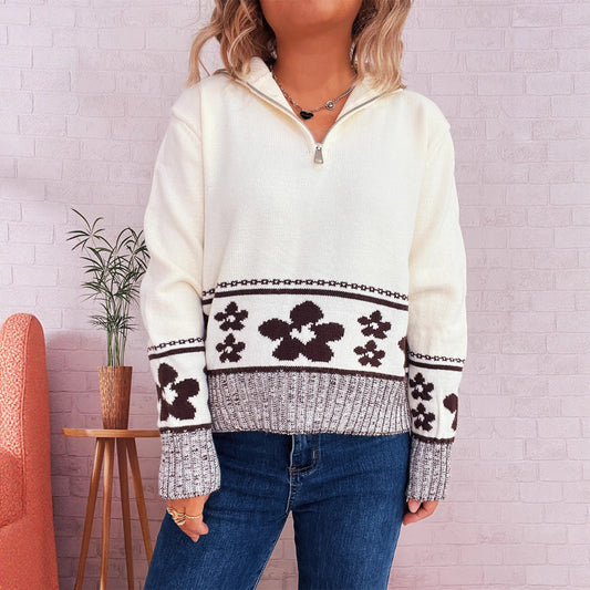 Dames pull en grosse maille avec motifs floraux et manches trois-quarts pratiques Chic und Stil