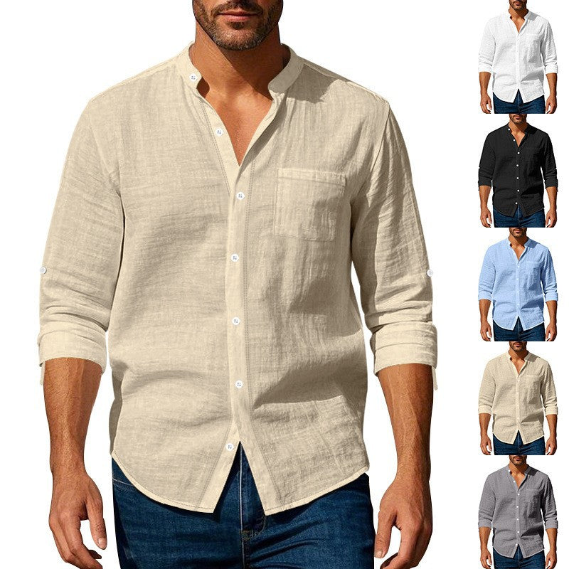 Chemise en lin pour hommes avec col montant et poche poitrine Chic und Stil