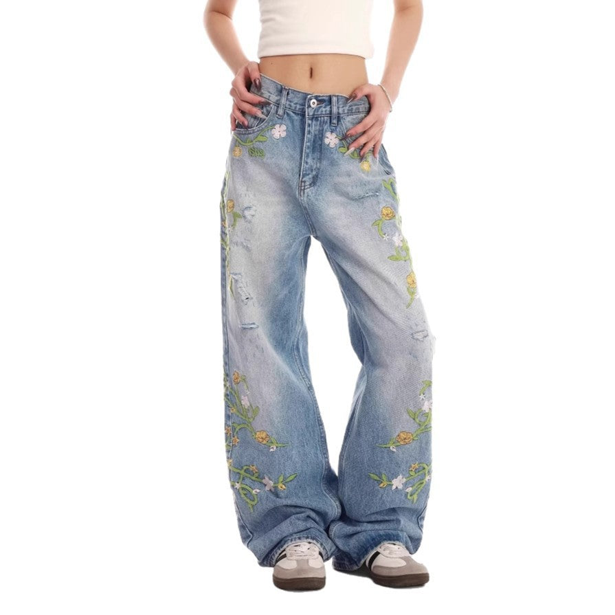 Dames brodé large Denim jeans Chic und Stil