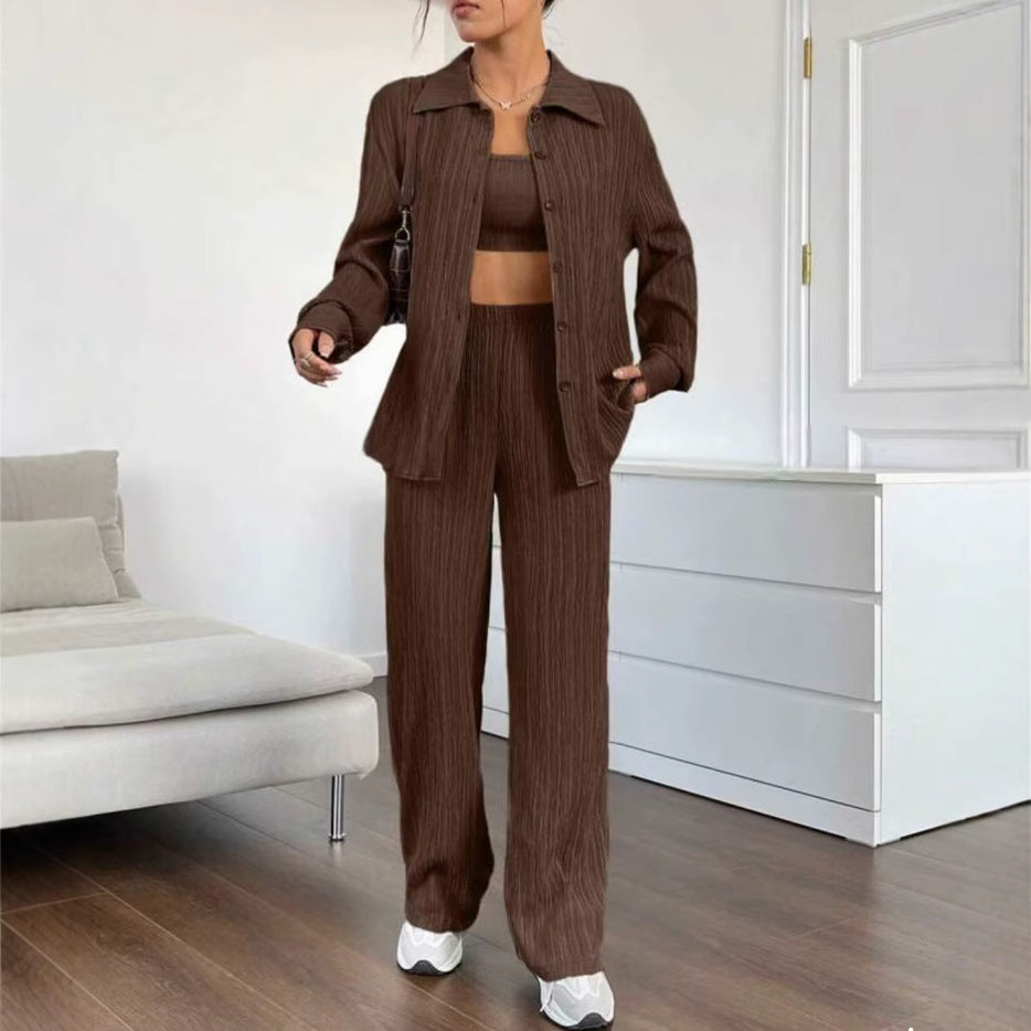 Dames Élégant Ensemble en blouse rayée et pantalon décontracté Chic und Stil