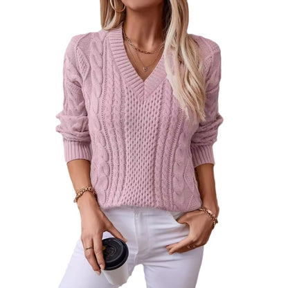 Pull en tricot féminin à décolleté en V profond et motif en torsades Chic und Stil