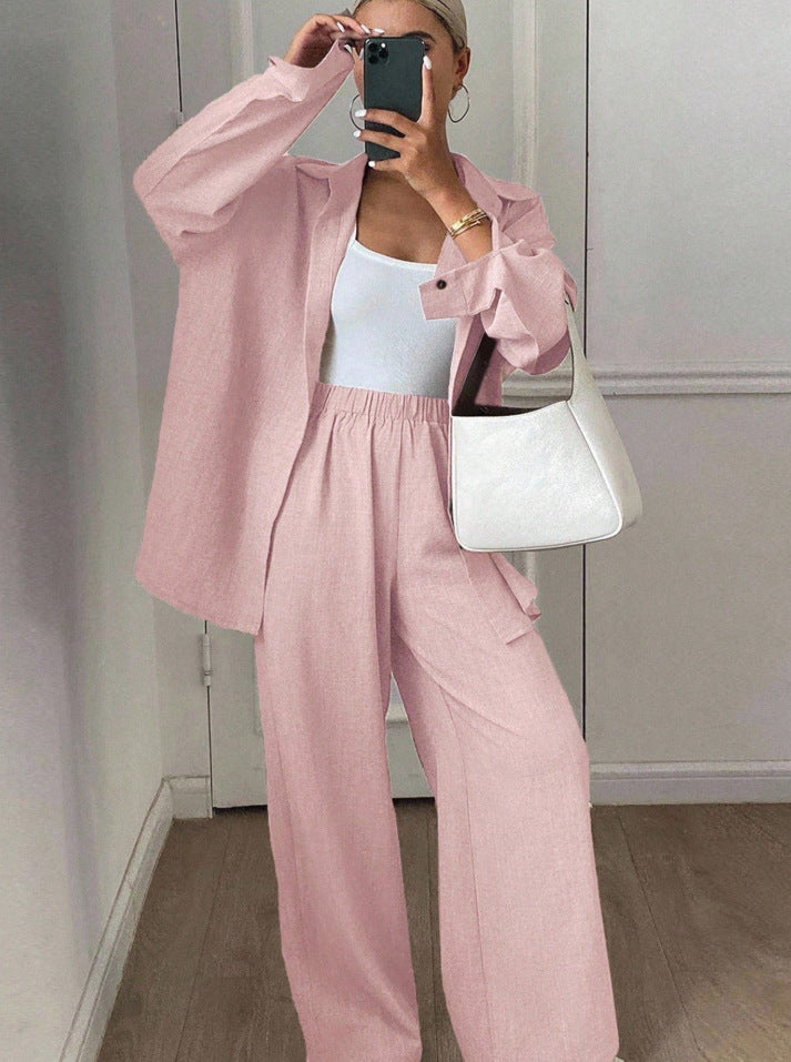 Dames élégant décontracté blouse en lin et large pantalon Chic und Stil