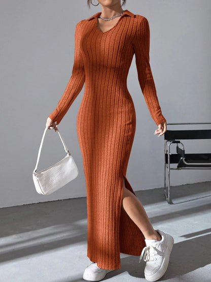 Robe côtelée à manches longues pour femmes avec fente et col Chic und Stil