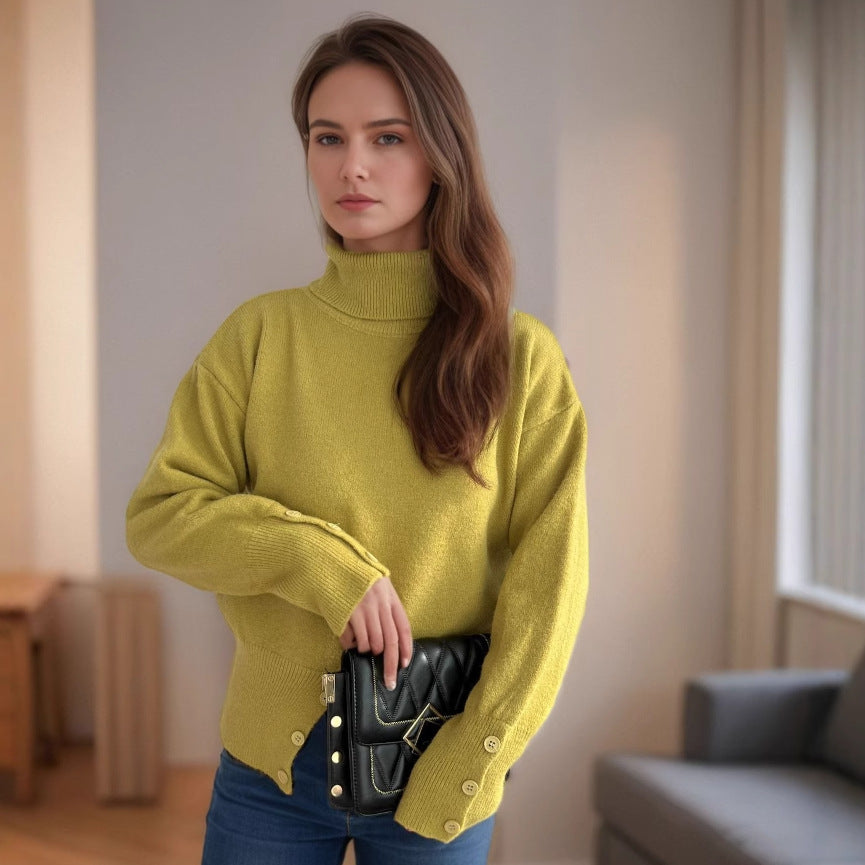 Pull col roulé tendance pour femmes avec détails de boutons et ourlet asymétrique Chic und Stil