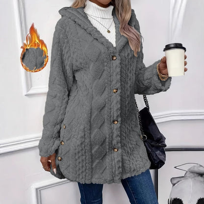 Ladies oversized cozy coat with hood and button placket Chic and Style