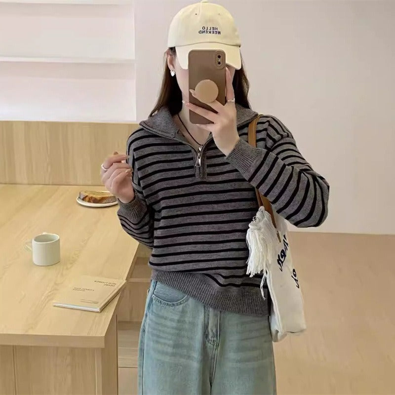 Pull en tricot pour femmes avec courte fermeture éclair et motif rayé tendance Chic und Stil