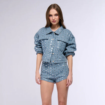 Cropped denim jacket for women with sparkling star pattern and matching shorts Chic and Style