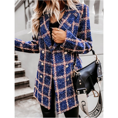 Blazer de compression à carreaux surdimensionné pour femmes avec double rangée de boutons Chic und Stil