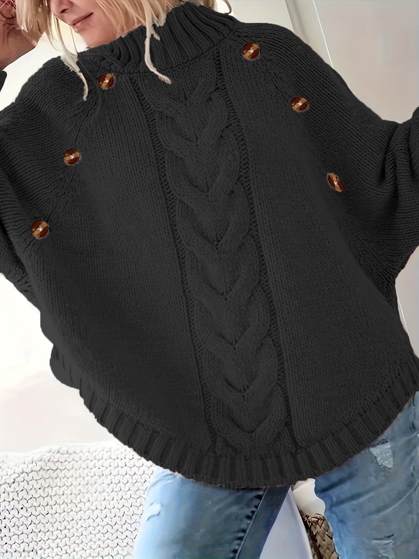 Dames gros pull en tricot avec col haut et détails de boutons Chic und Stil