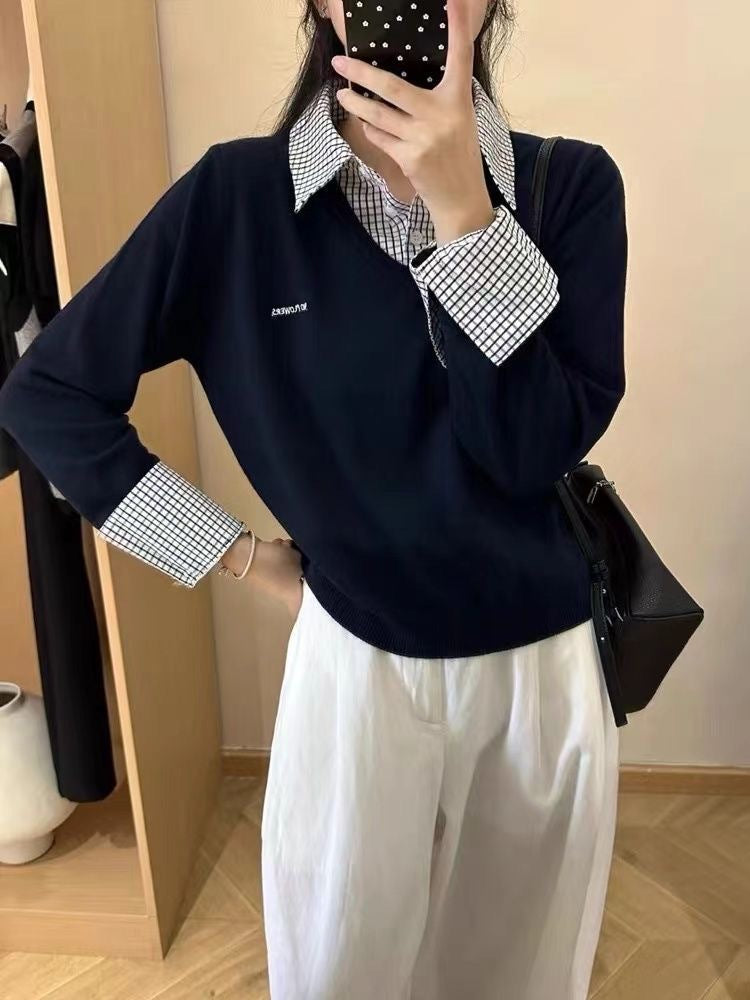 Pull V décontracté pour dames avec col chemise et design original Chic und Stil