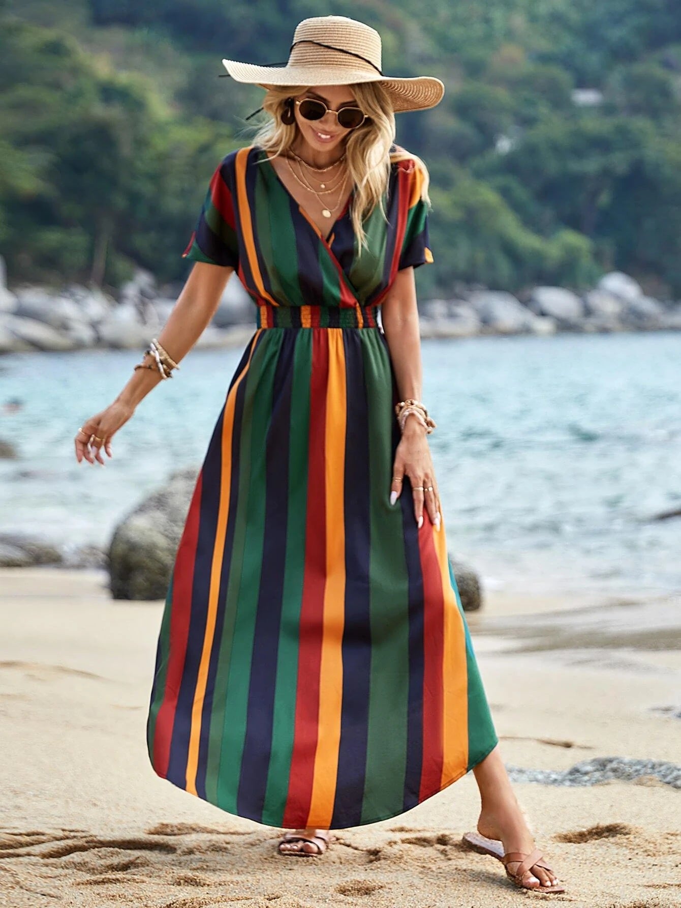 Femmes Robe Maxi Rayée Colorée Chic und Stil