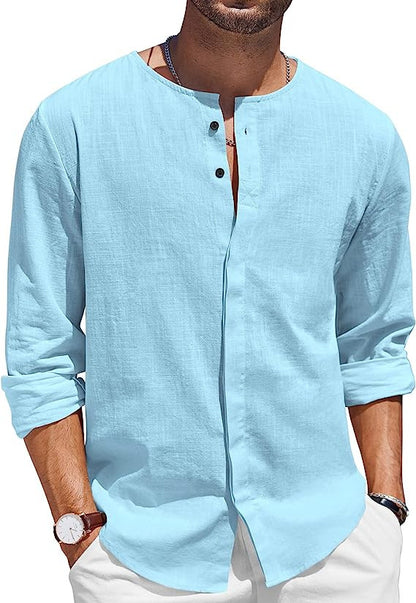 Chemise en lin pour hommes avec col montant décontracté et patte de boutonnage Chic und Stil