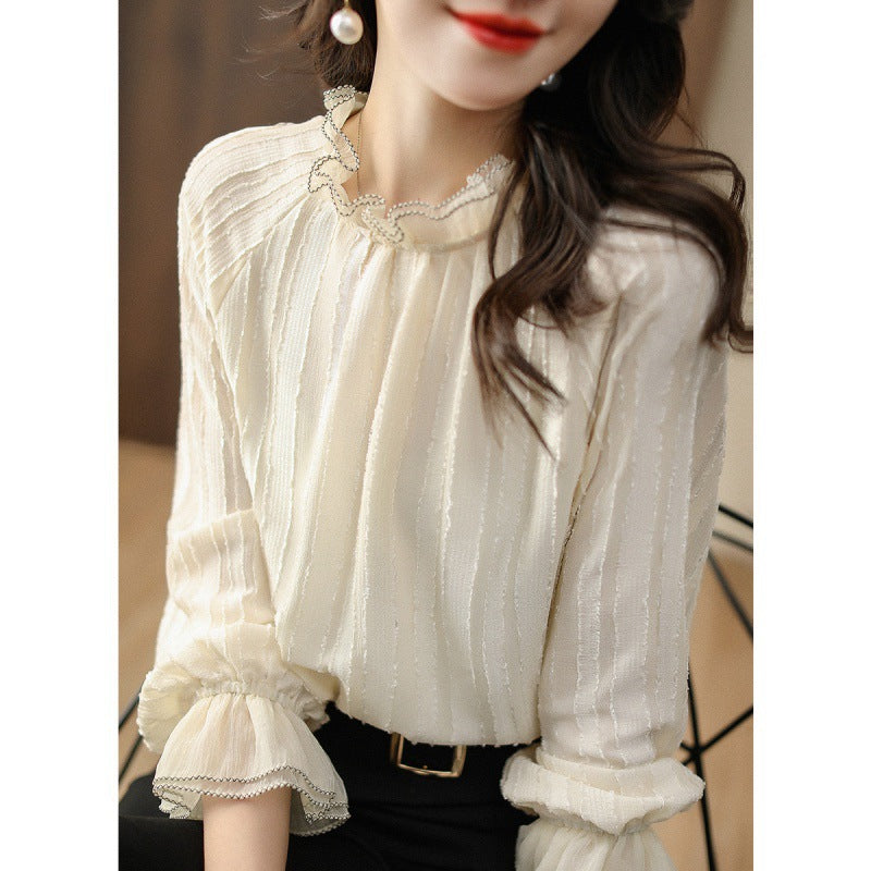 Blouse à col montant froncé pour femmes avec détails de manches transparentes Chic und Stil