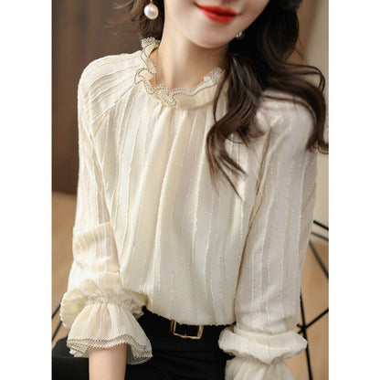 Blouse à col montant froncé pour femmes avec détails de manches transparentes Chic und Stil