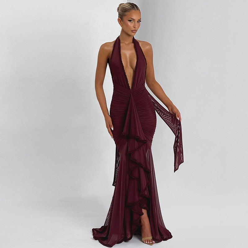 Dames Élégante Robe de Soirée avec Décolleté en V Profond et Détails Volants Chic und Stil