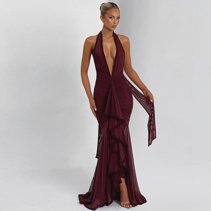 Dames Élégante Robe de Soirée avec Décolleté en V Profond et Détails Volants Chic und Stil