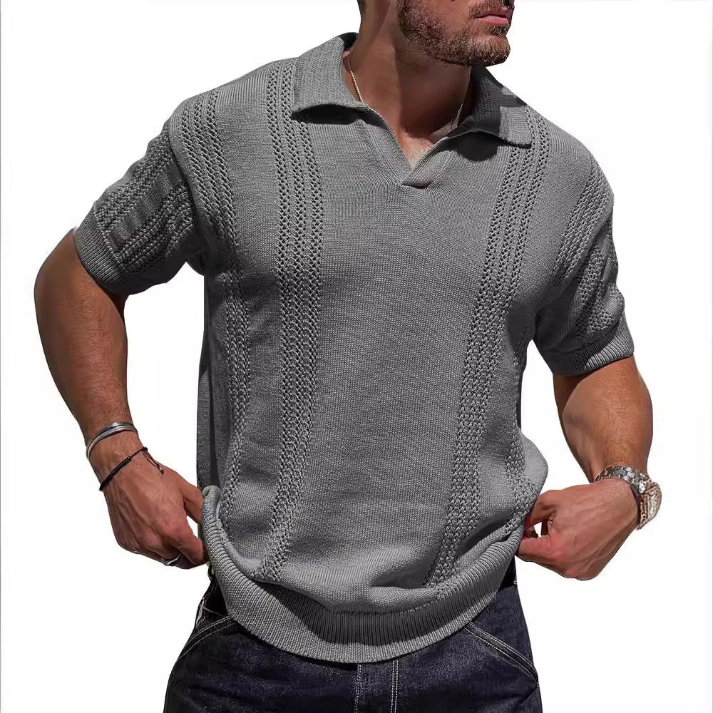 Pull-over en tricot à manches courtes pour hommes avec surface structurée et col polo Chic und Stil