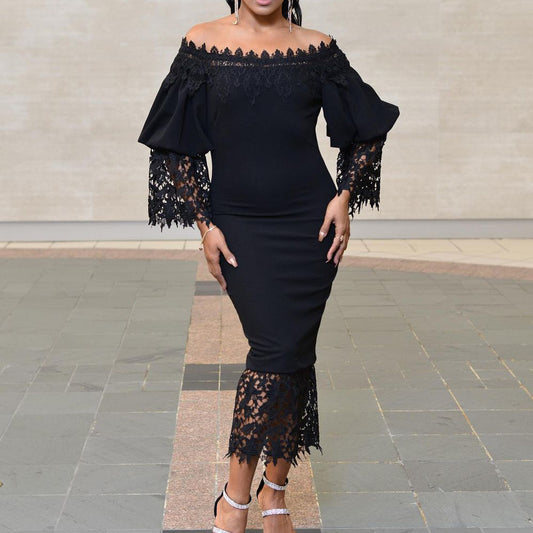 Robe off-shoulder pour femmes avec manches en dentelle et ourlet asymétrique Chic und Stil
