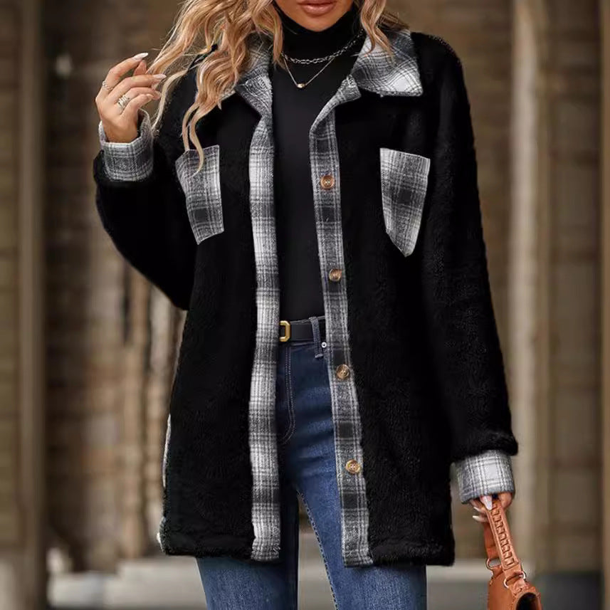 Fleece jacket for women with plaid accents and a practical cut Chic and Style