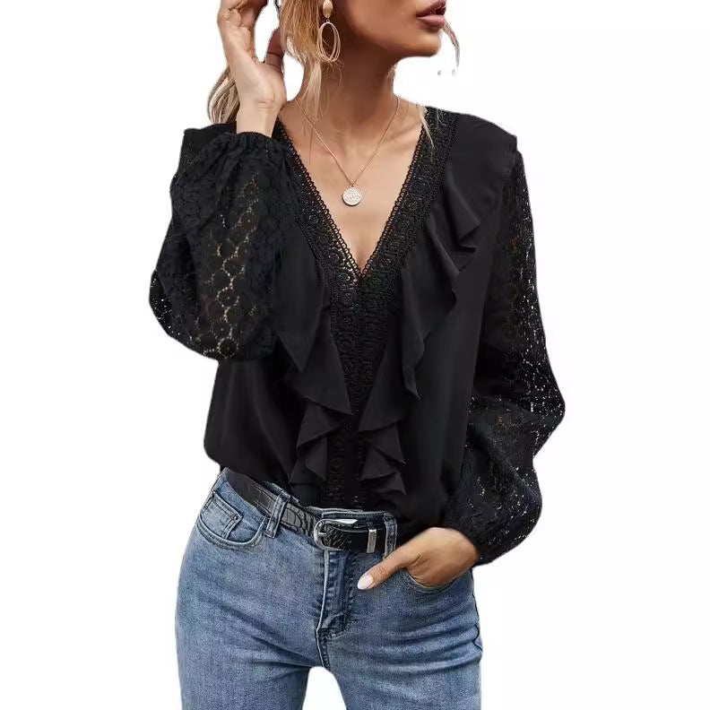 Blouse à volants pour femmes avec manches transparentes et délicats accents en dentelle Chic und Stil