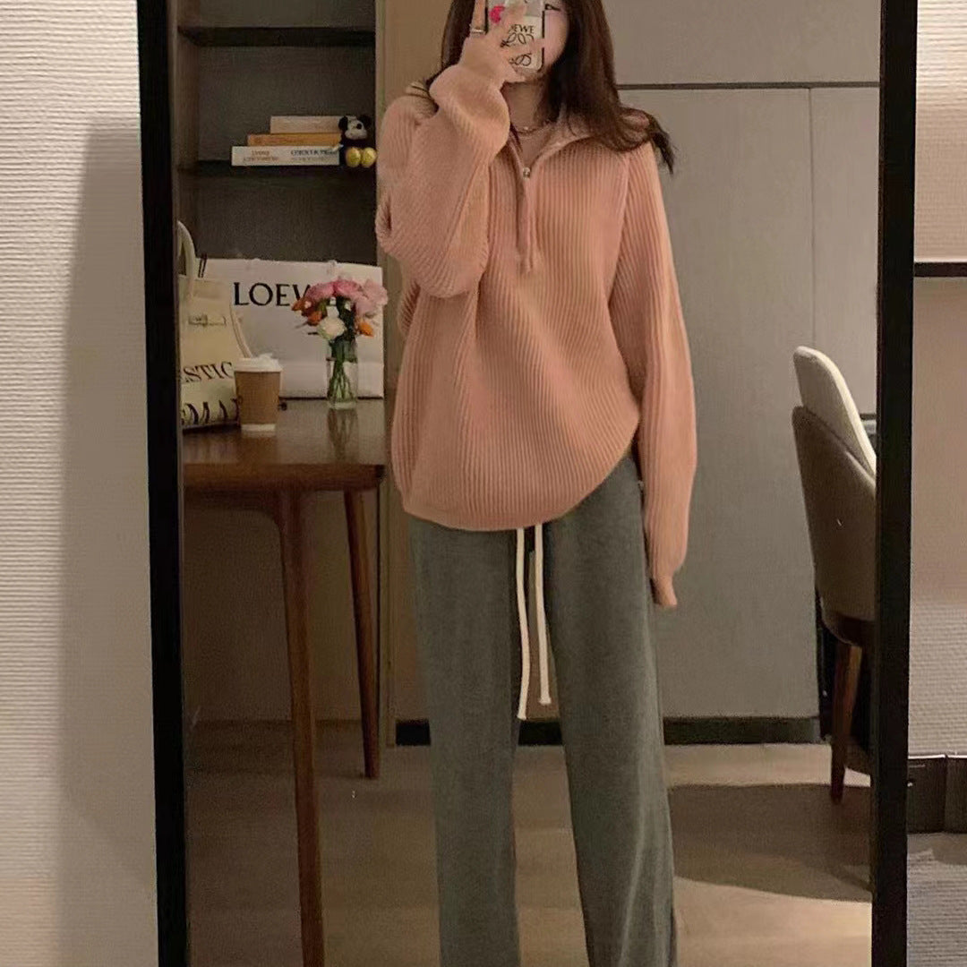 Dames léger pull en tricot avec col haut et fermeture éclair décorative Chic und Stil