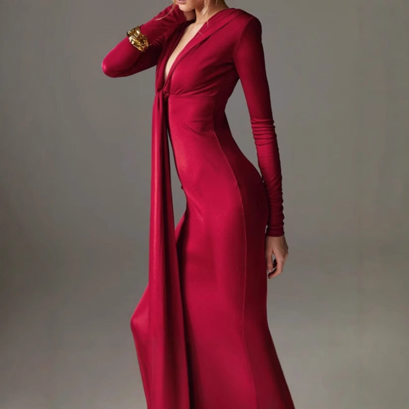 Dames Élégant Robe Maxi à Manches Longues avec Détail de Nœud Raffiné et Design Sculptant Chic und Stil