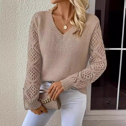 Pull en tricot pour femmes avec décolleté en V et manches crochetées Chic und Stil