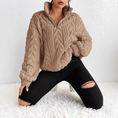 Dames Pull-over oversized pelucheux avec fermeture éclair et structure côtelée Chic und Stil