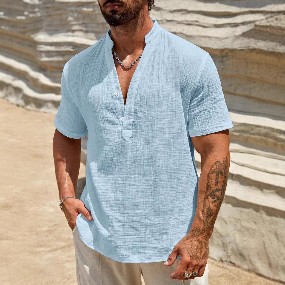 Chemise Henley à manches courtes pour hommes avec col montant moderne en matériau coton léger Chic und Stil