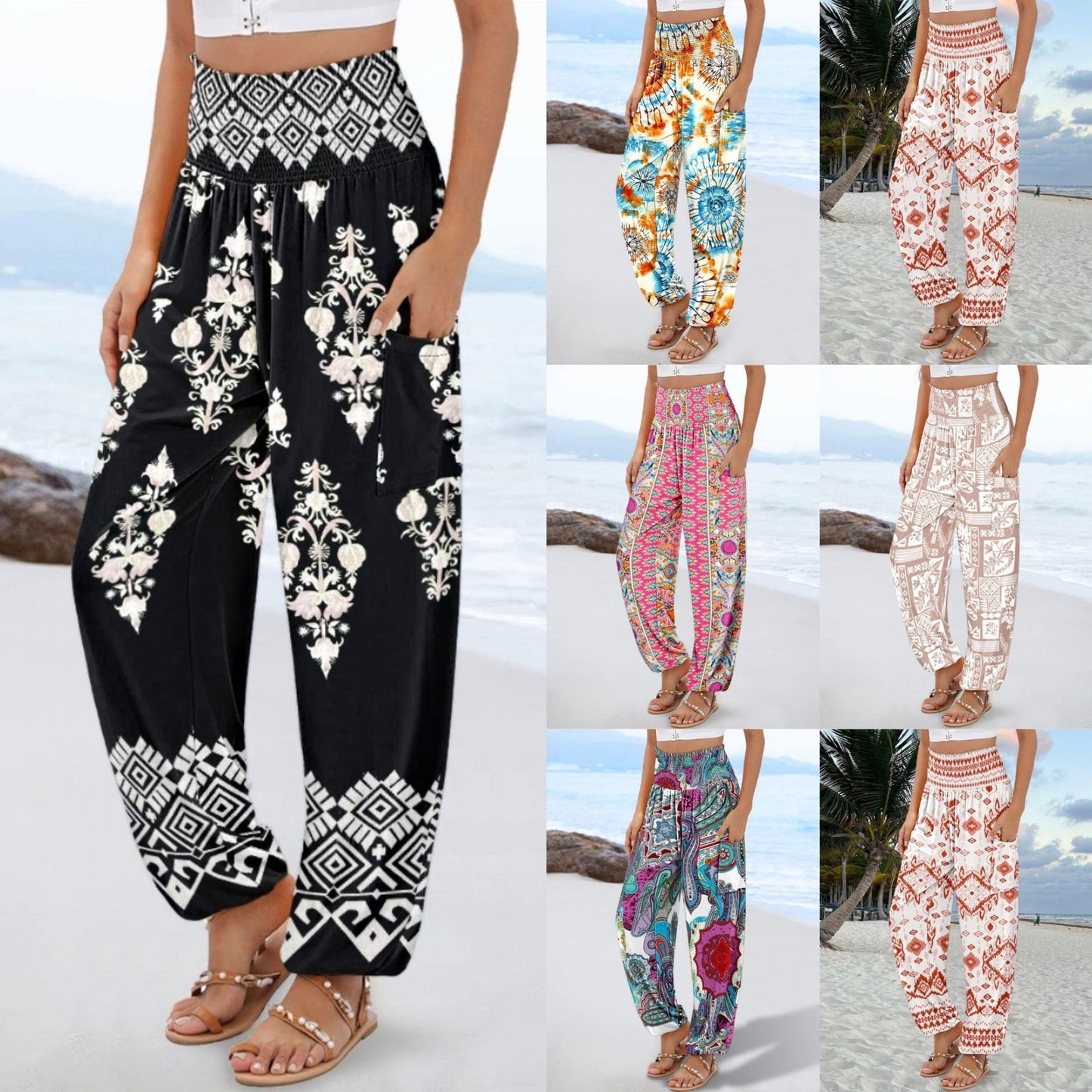 Wide Palazzo pants for women with colorful Paisley pattern and elastic waistband Chic und Stil