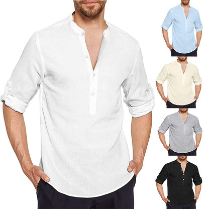 Chemise en lin pour hommes avec col montant moderne et patte de boutonnage classique Chic und Stil