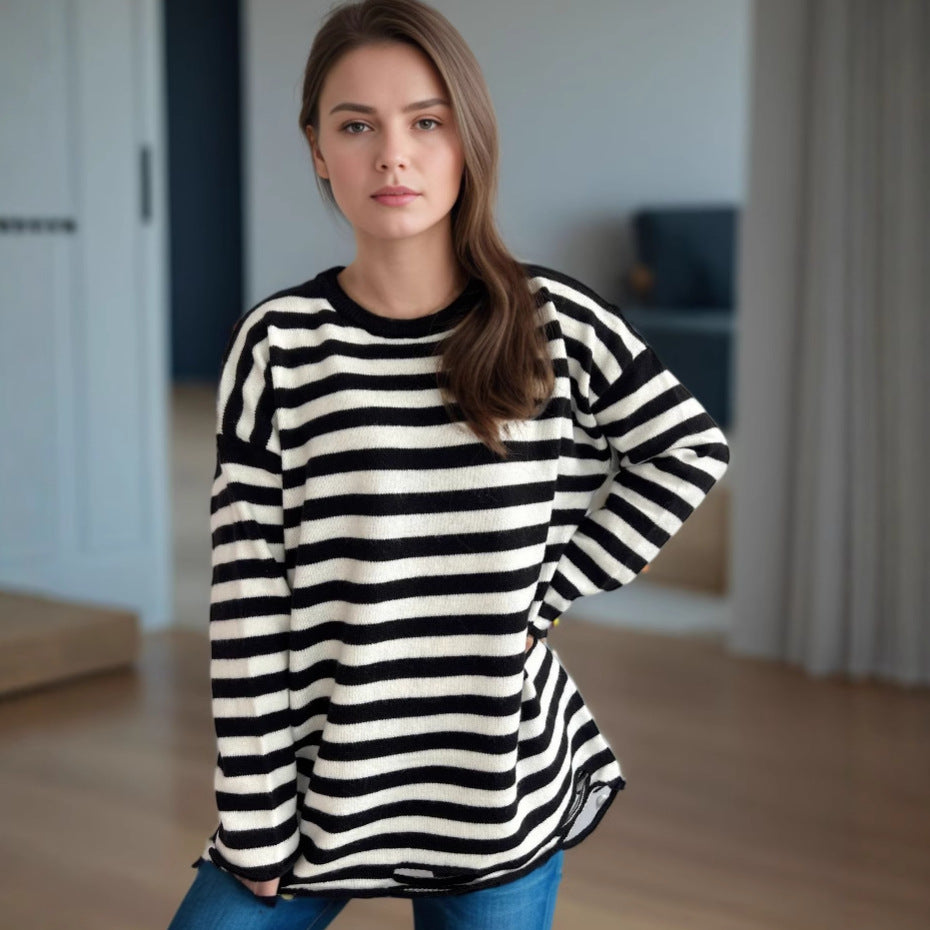 Pull over-size décontracté pour femmes avec de larges rayures Chic und Stil