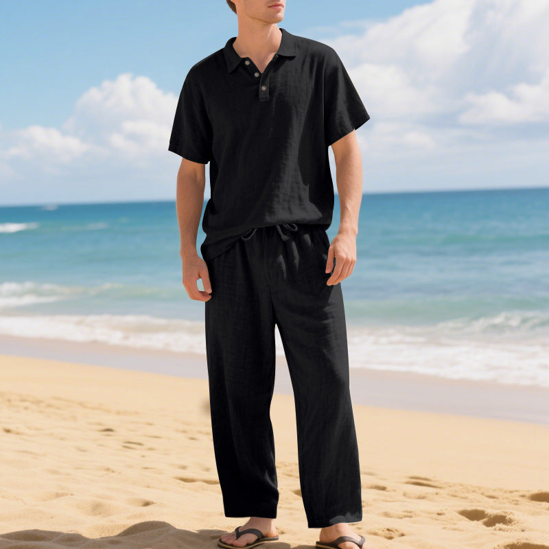 Tenue d'été décontractée pour hommes avec polo en coton de haute qualité à manches courtes et pantalons en lin confortables Chic und Stil