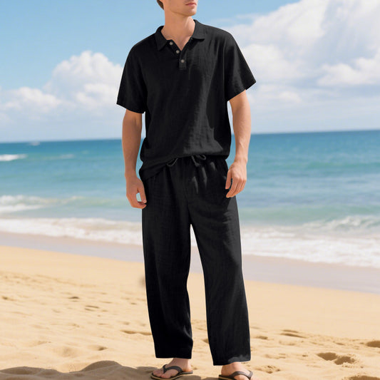 Tenue d'été décontractée pour hommes avec polo en coton de haute qualité à manches courtes et pantalons en lin confortables Chic und Stil