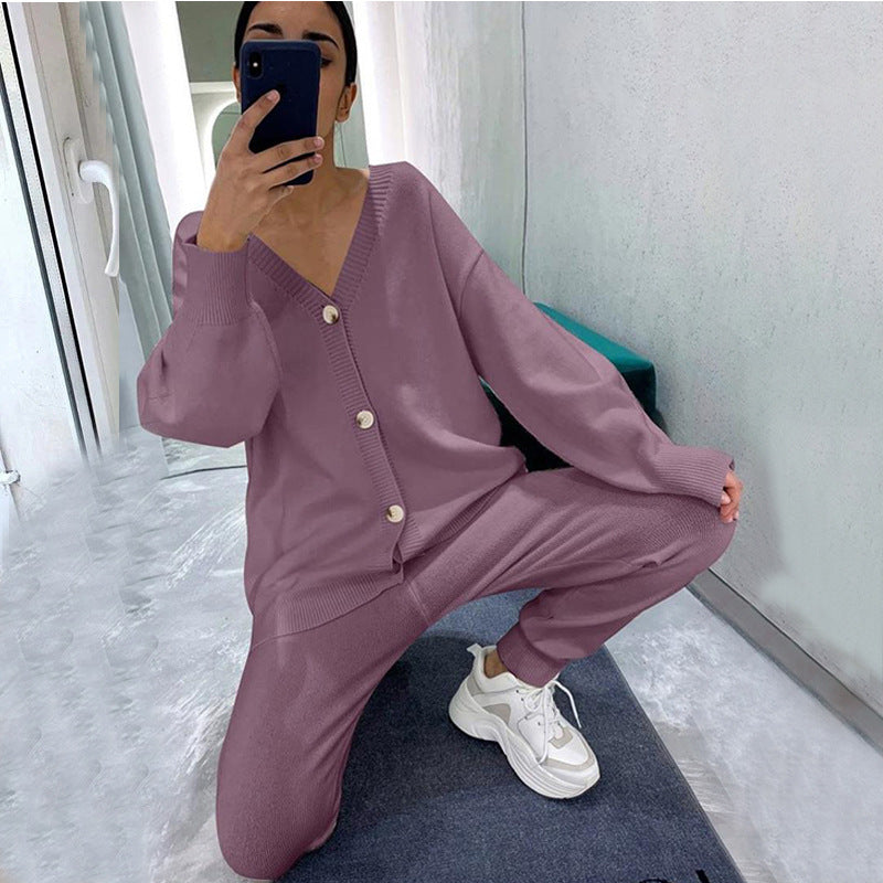 Dames Costume en Tricot Détendu avec Décolleté en V et Détail de Bouton Chic und Stil