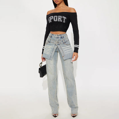 Ladies Chic Asymmetrical Design Denim Pants