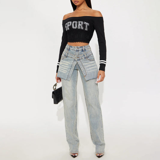 Ladies Chic Asymmetrical Design Denim Pants