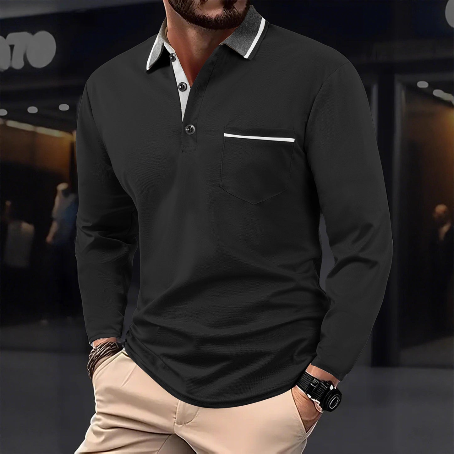 Men's long sleeve polo with textured collar and chest pocket Chic and Style