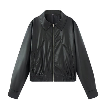 Biker jacket in faux leather for women with elastic waist and simple pockets Chic und Stil