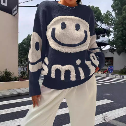 Pull en tricot pour femmes avec un motif emoji joyeux et une coupe confortable Chic und Stil