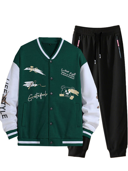 Men's College Style Sports Jacket Set and Jogging Pants with Colorful Patterns Chic and Style