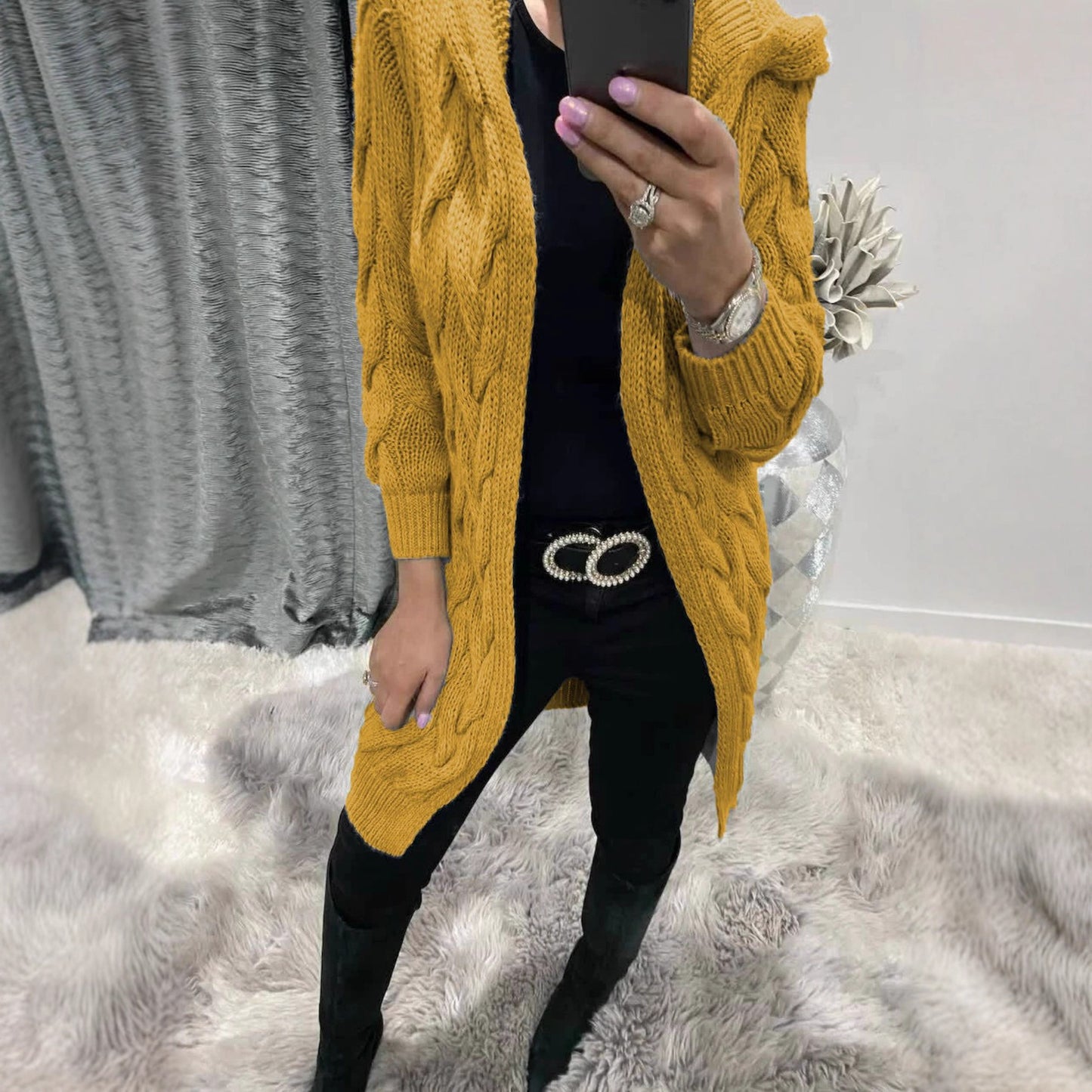 Dames Gros Tricot Cardigan avec Capuche et Motif en Relief Chic und Stil