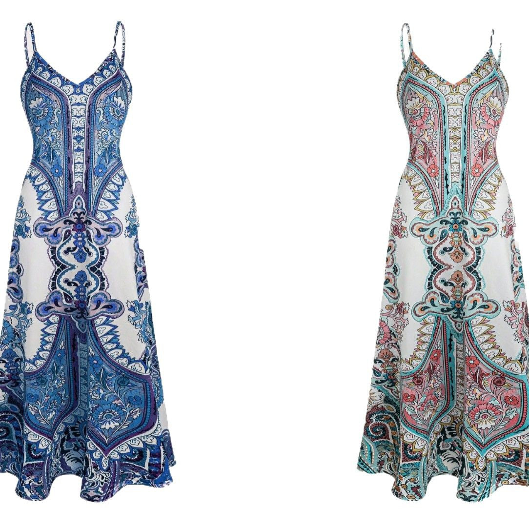 Dames Élégante Robe Max longue avec motif délicat et bretelles spaghetti Chic und Stil