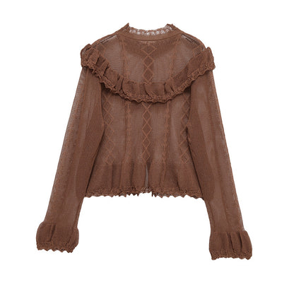 Dames doux haut en tricot avec détails volants et patte de boutonnage Chic und Stil