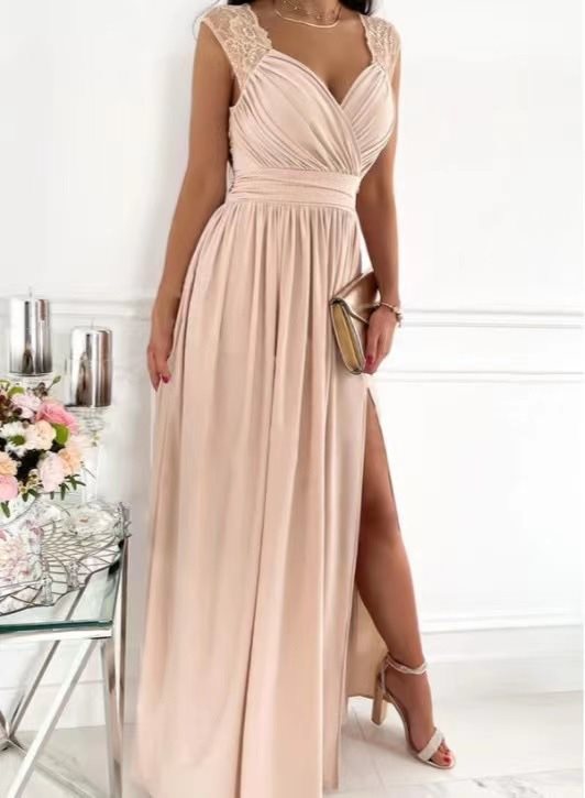 Robe maxi élégante pour femmes avec des manches en dentelle et une fente latérale Chic und Stil