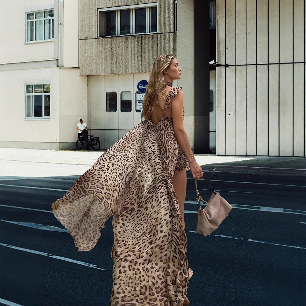 Robe maxi femme avec coupe asymétrique et délicates details en volants Chic und Stil