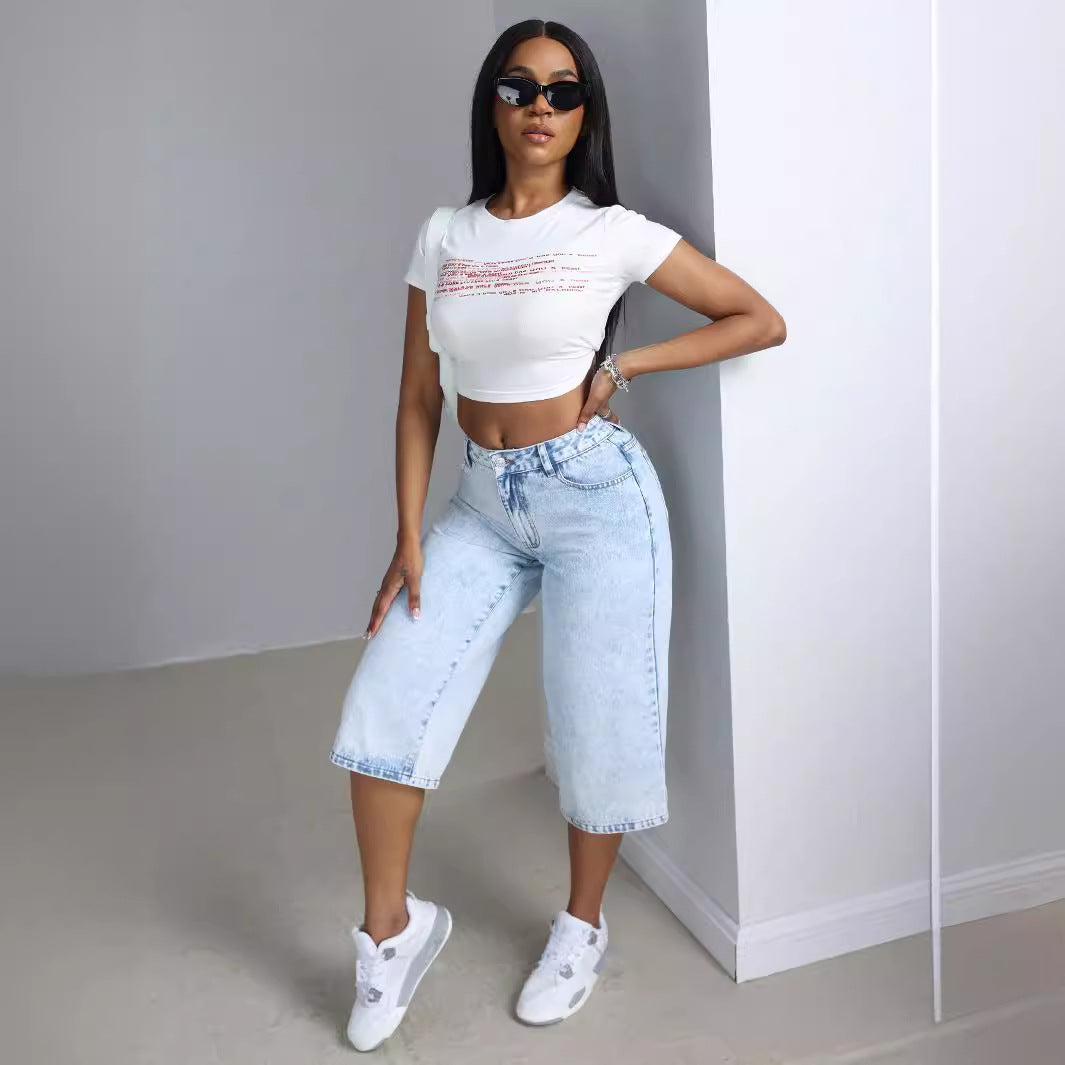 Culottes en denim larges pour dames avec effet de lavage à la mode Chic und Stil