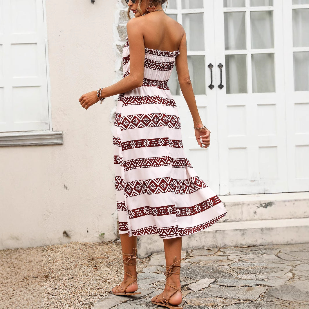 Robe maxi pour femmes avec des fronces épaules nues et une fente latérale Chic und Stil