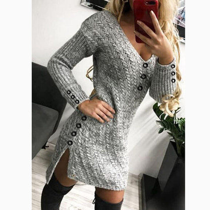 Robe en tricot pour femmes avec un élégant décolleté en V, des détails de boutons et une fente latérale Chic und Stil